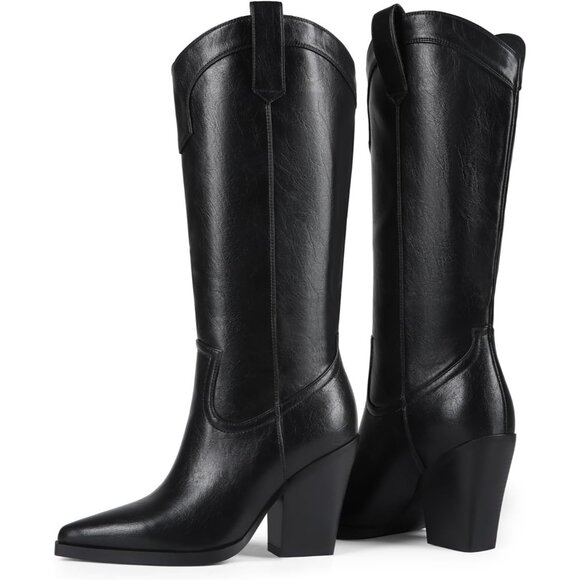⚡Women's Black Western Knee High Cowgirl Boots Pointed Toe 9cm Chunky Heel - Picture 3 of 6